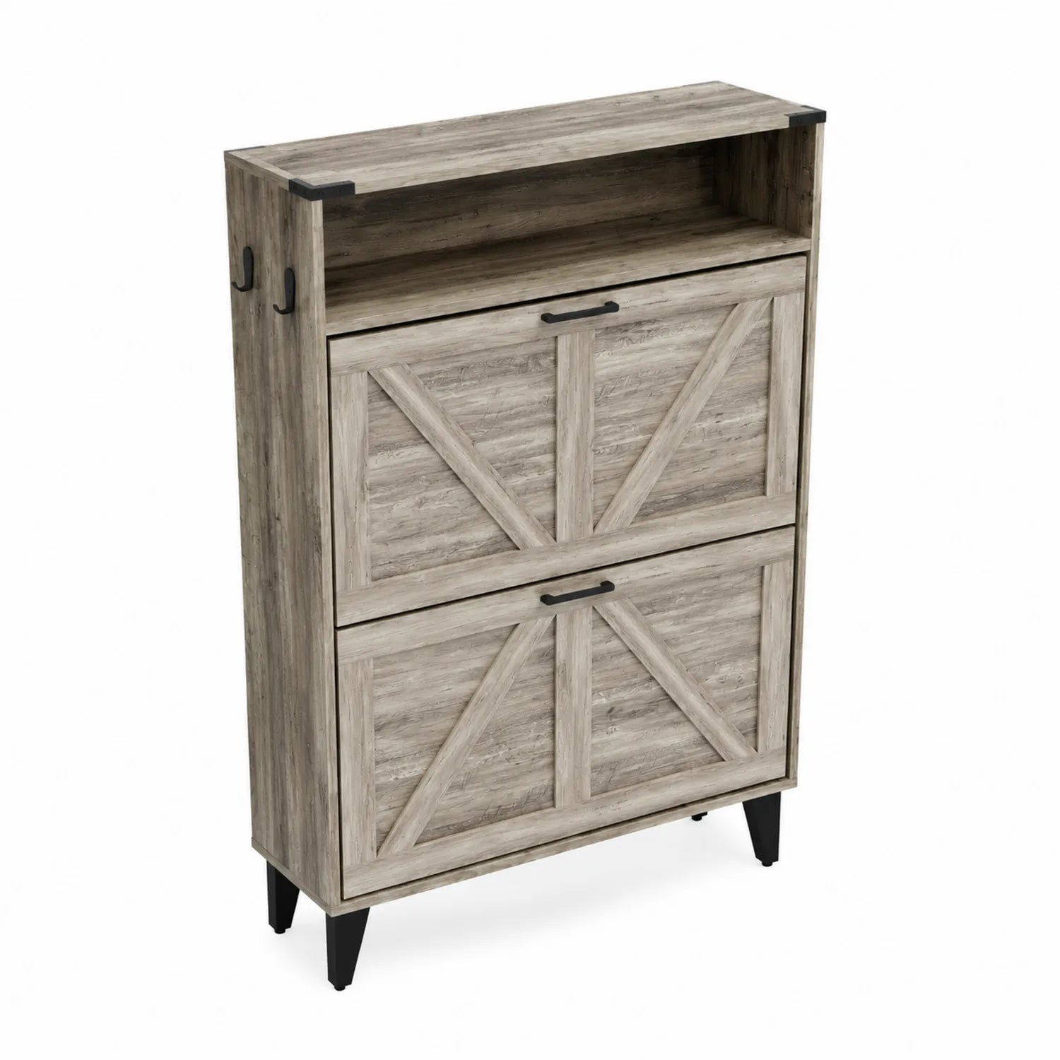 Schuhschrank aus hellgrauem Holz mit Metallbeinen 100x24x120 cm