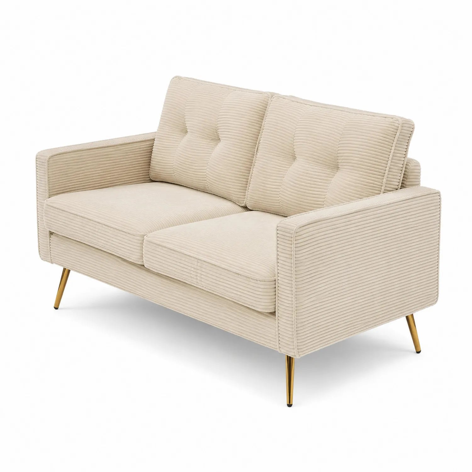 Sofá de dos plazas de pana beige con patas de metal dorado