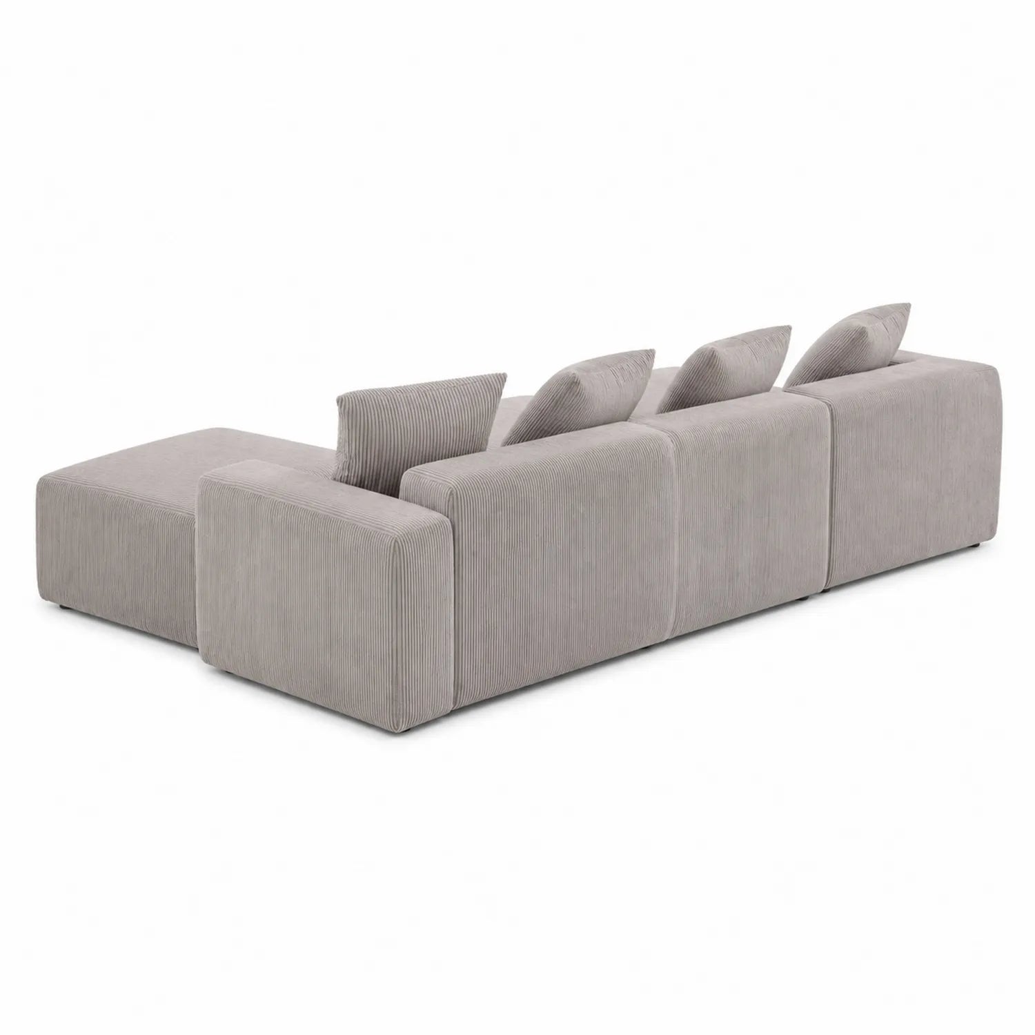 Sofá modular de pana gris con cojines, sección de 3 plazas