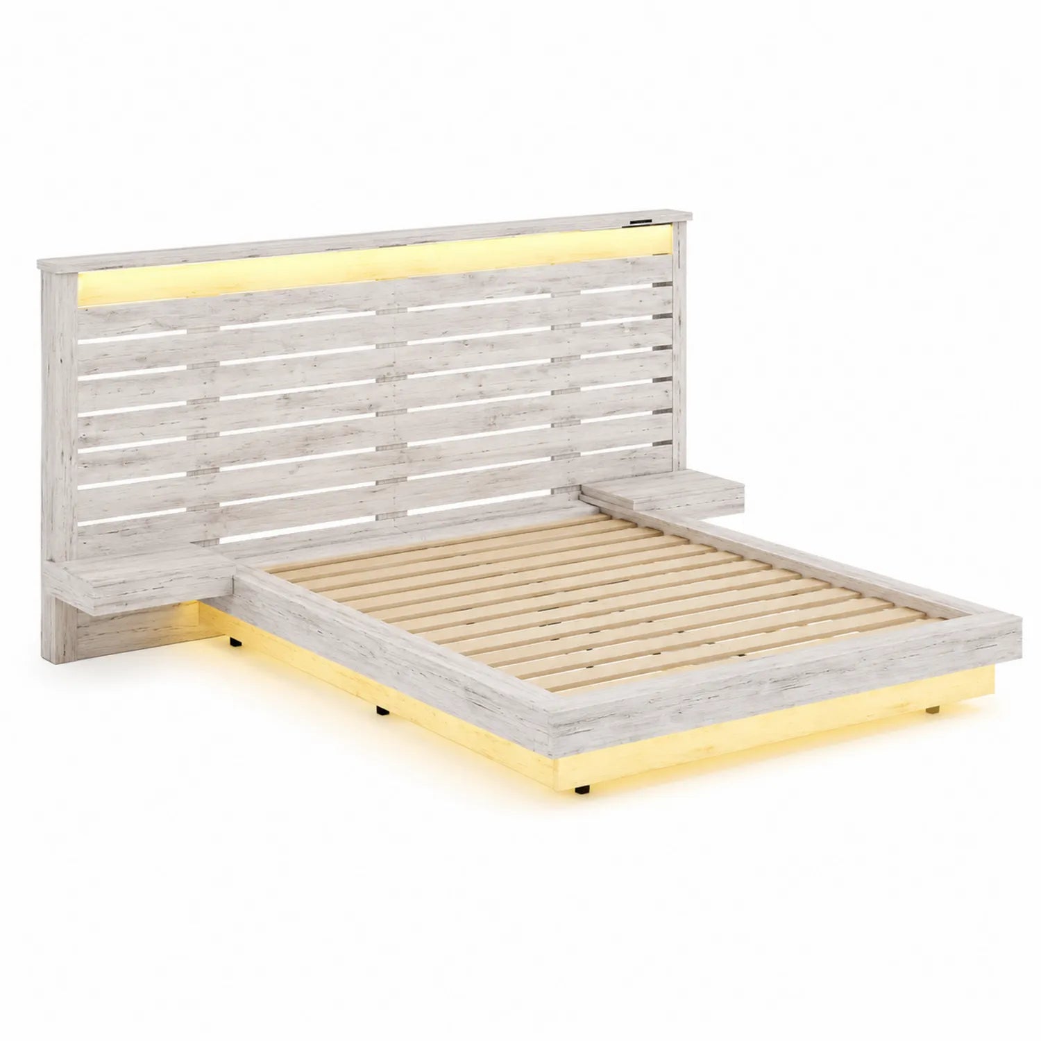 Cama doble de madera con luces LED 200x160 cm Blanco decapado