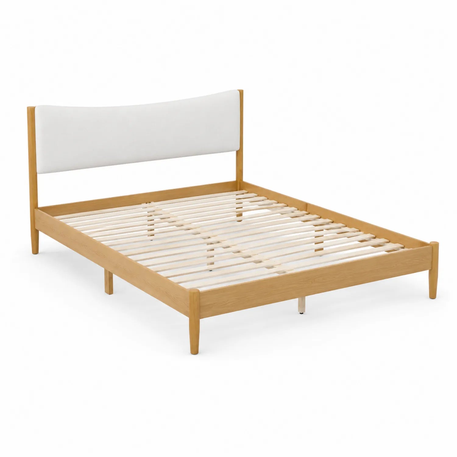 Cama doble de madera con cabecera de tela blanca 200x160 cm