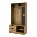 Perchero de Madera de Roble y Negro con Estantes y Cajones