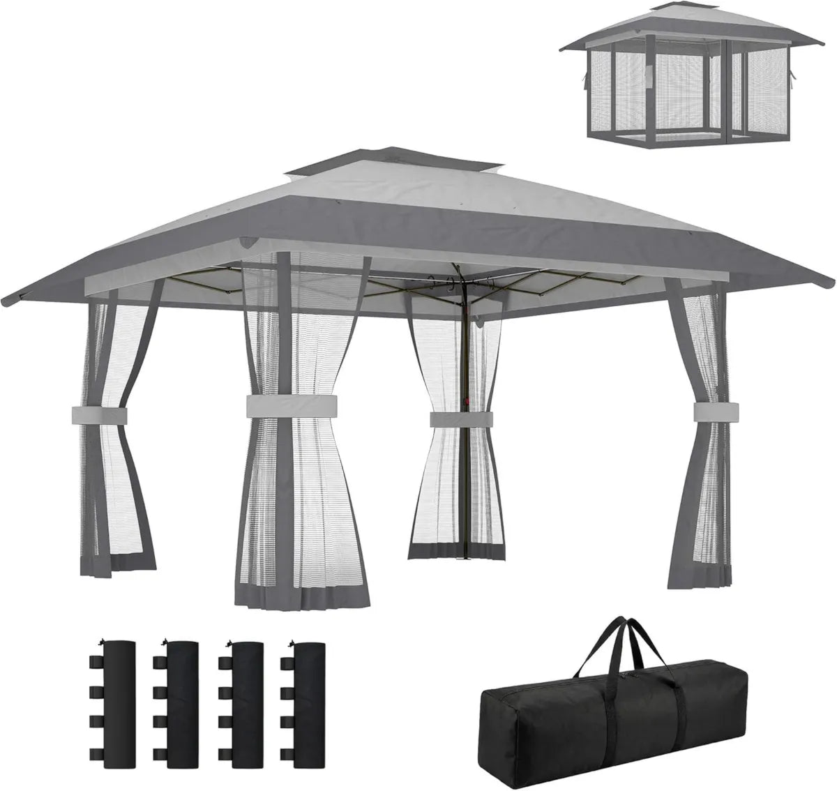 Outsunny Carpa Plegable 4x4 m con Techo Ventilado y Paredes de Malla, Altura Ajustable, Bolsa de Transporte, Protección Solar UPF30+, Ideal para Jardín y Eventos, Gris