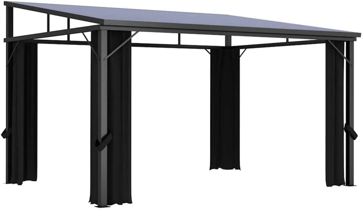 Pérgola de Jardín Antracita con Cortinas, Estructura de Aluminio y Acero, Techo Duro de PVC Resistente a UV, 405x294x244 cm