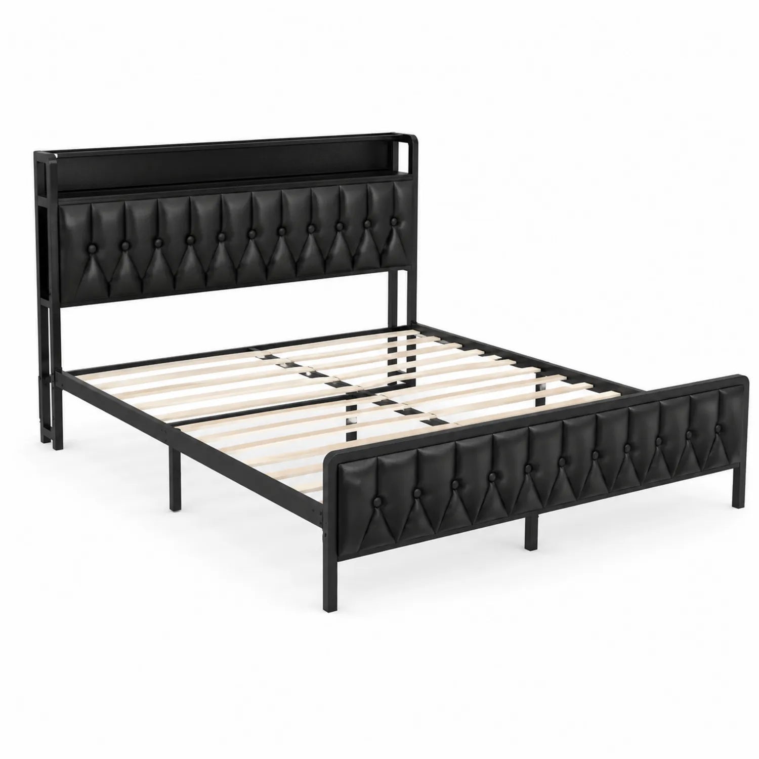 Cama doble de metal con cabecero de cuero sintético negro 200x160 cm