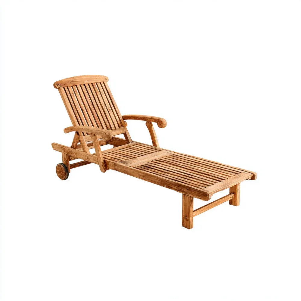 Teak Patio Recliner Chair, Outdoor Wooden 190x60x35 cm, Classic Style - Natural
