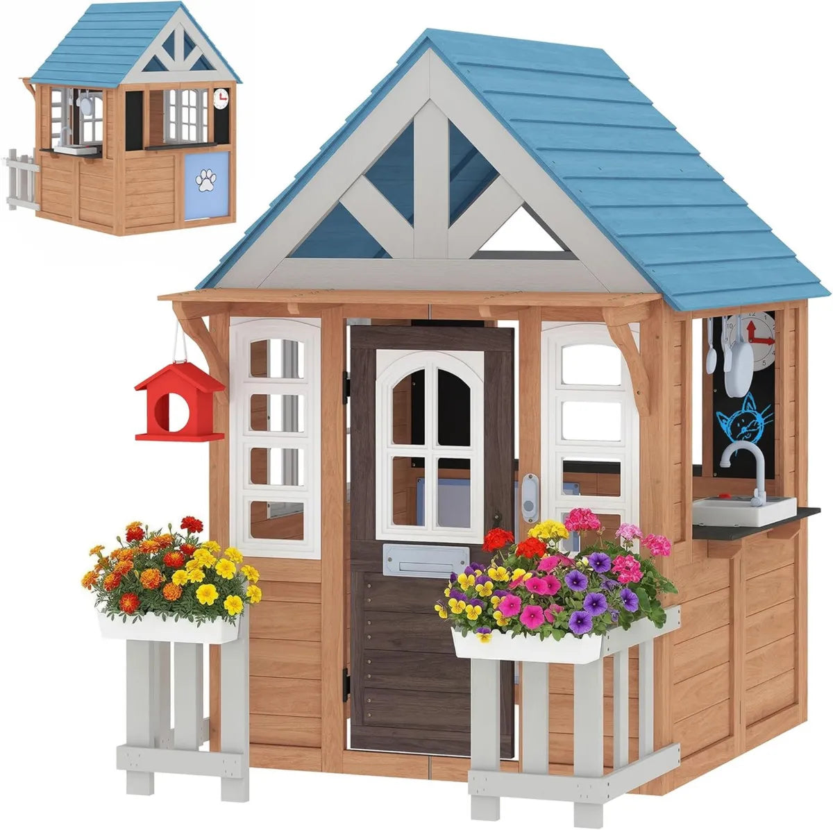 Casa de Juego Infantil de Madera AIYAPLAY con Cocina, Timbre y Valla para Exteriores e Interiores, 165x116.5x163.5cm