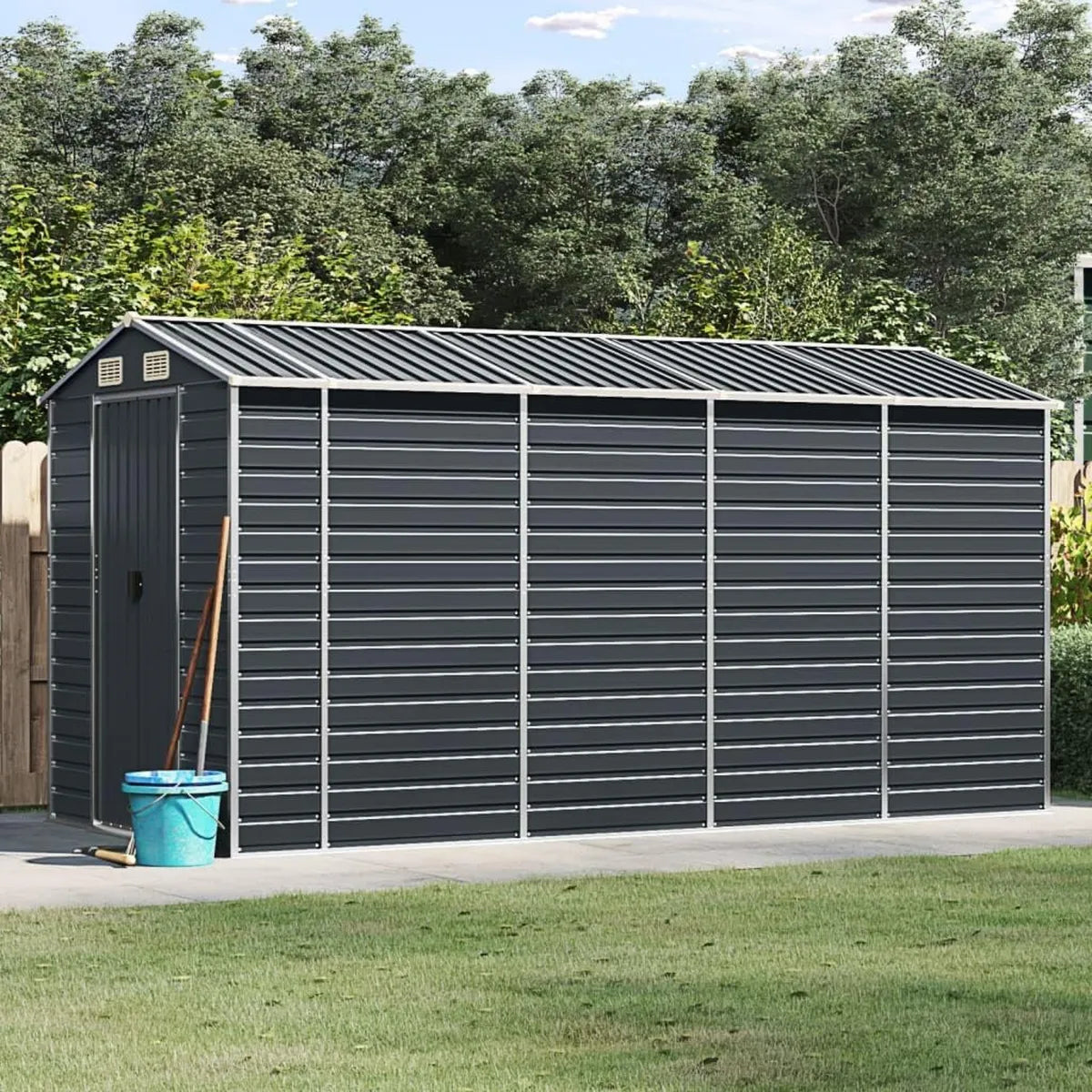 Caseta de Jardín de Acero Galvanizado Antracita 191x385x198 cm, Almacenamiento Exterior Homgoday