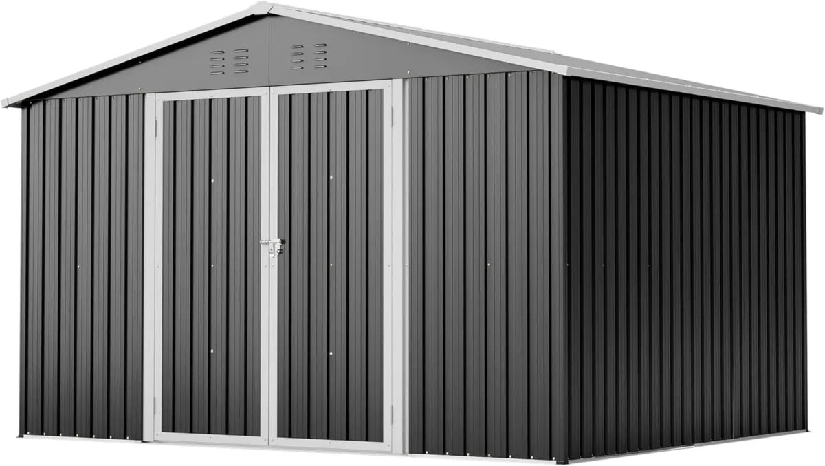 Cobertizo metálico XXL, 300x252x191 cm, techo a dos aguas, resistente al clima para herramientas y bicicletas, color negro