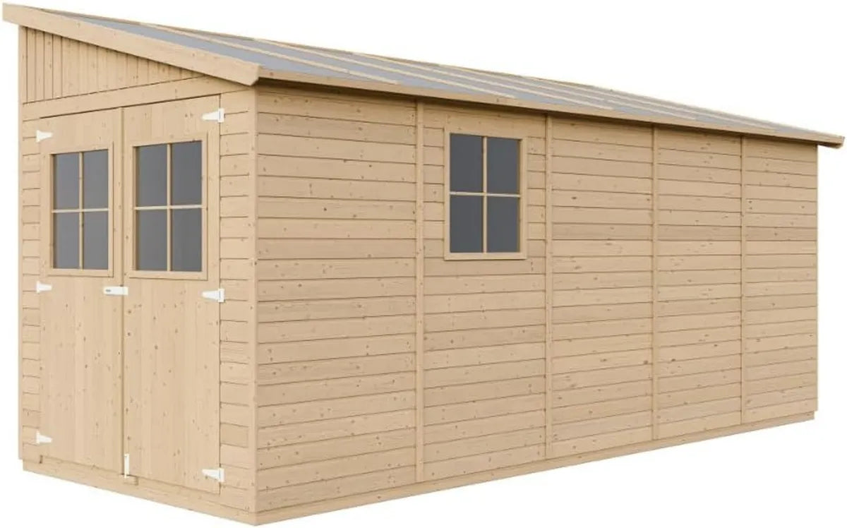 Caseta de Madera para Jardín con Pared Lateral H244x218x514 cm - Taller y Almacenamiento de Herramientas y Bicicletas TIMBELA M341A