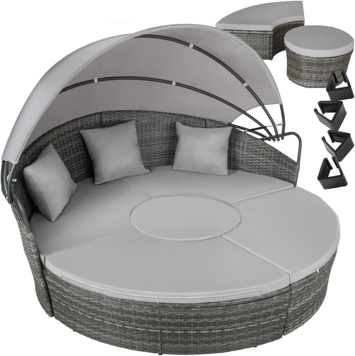 Conjunto de Jardín con Cojines y Toldo Ajustable, Muebles de Exterior de Ratán y Acero Resistente a UV - Gris