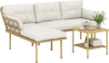Conjunto de Muebles de Jardín de Ratán 3 Piezas con Sofá Esquinero y Mesa Metálica, Anti-UV, Crema