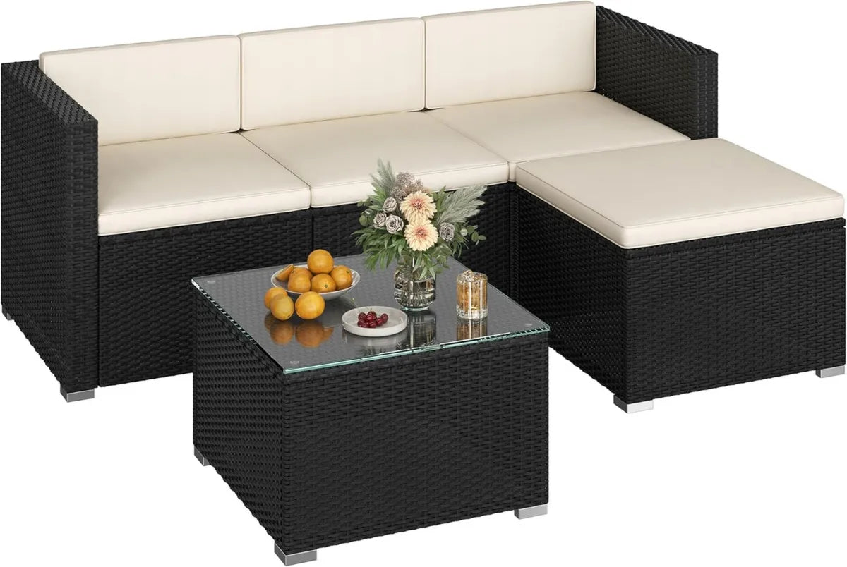 Conjunto de Muebles de Jardín Ratán, Sofá 3 Plazas, Taburete y Mesa de Cristal