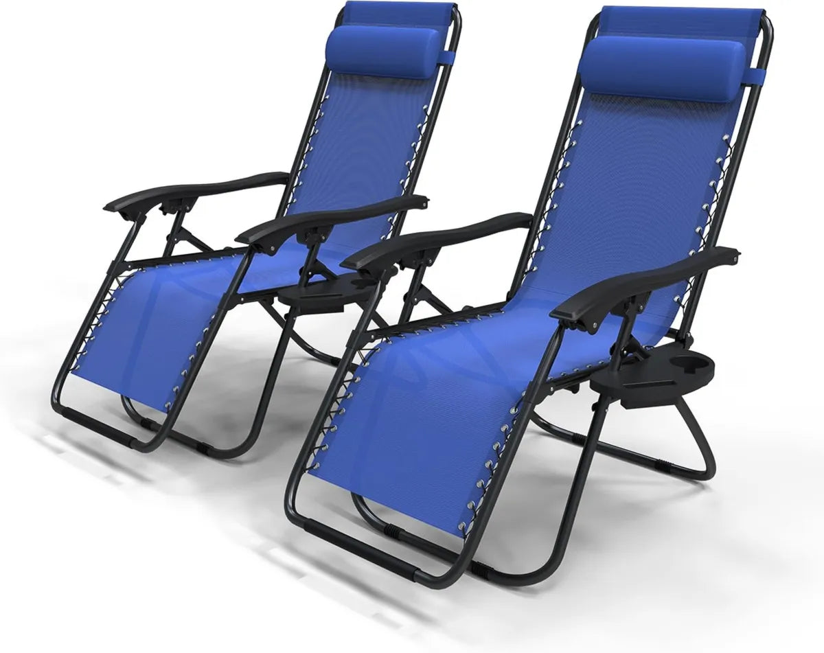 Conjunto de 2 tumbonas reclinables plegables VOUNOT®, azul, para jardín, con soporte para bebidas y reposacabezas desmontable, soporte hasta 120 kg