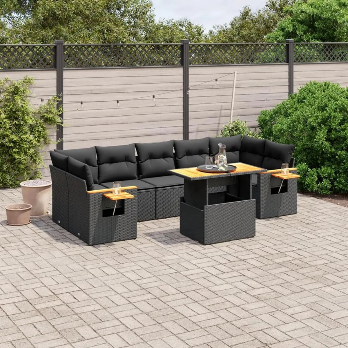 Sofá Esquinero de Jardín con Mesa Ajustable y Cojines de Rattan para Exteriores