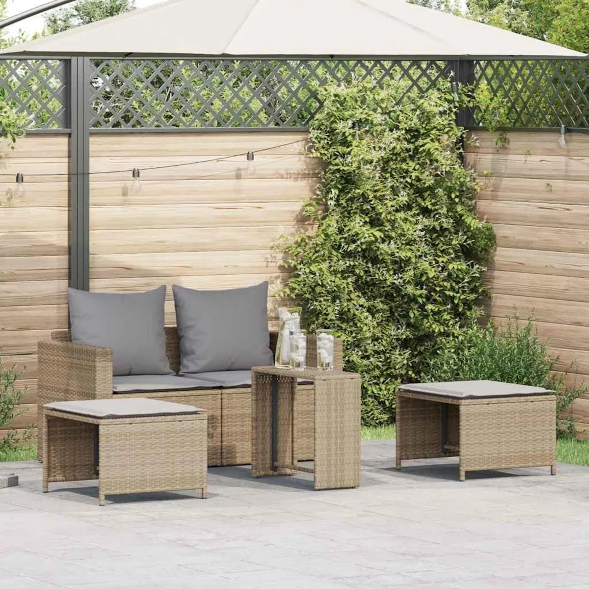 Conjunto de Muebles de Jardín con Cojines Beige, 5 Piezas Apilables