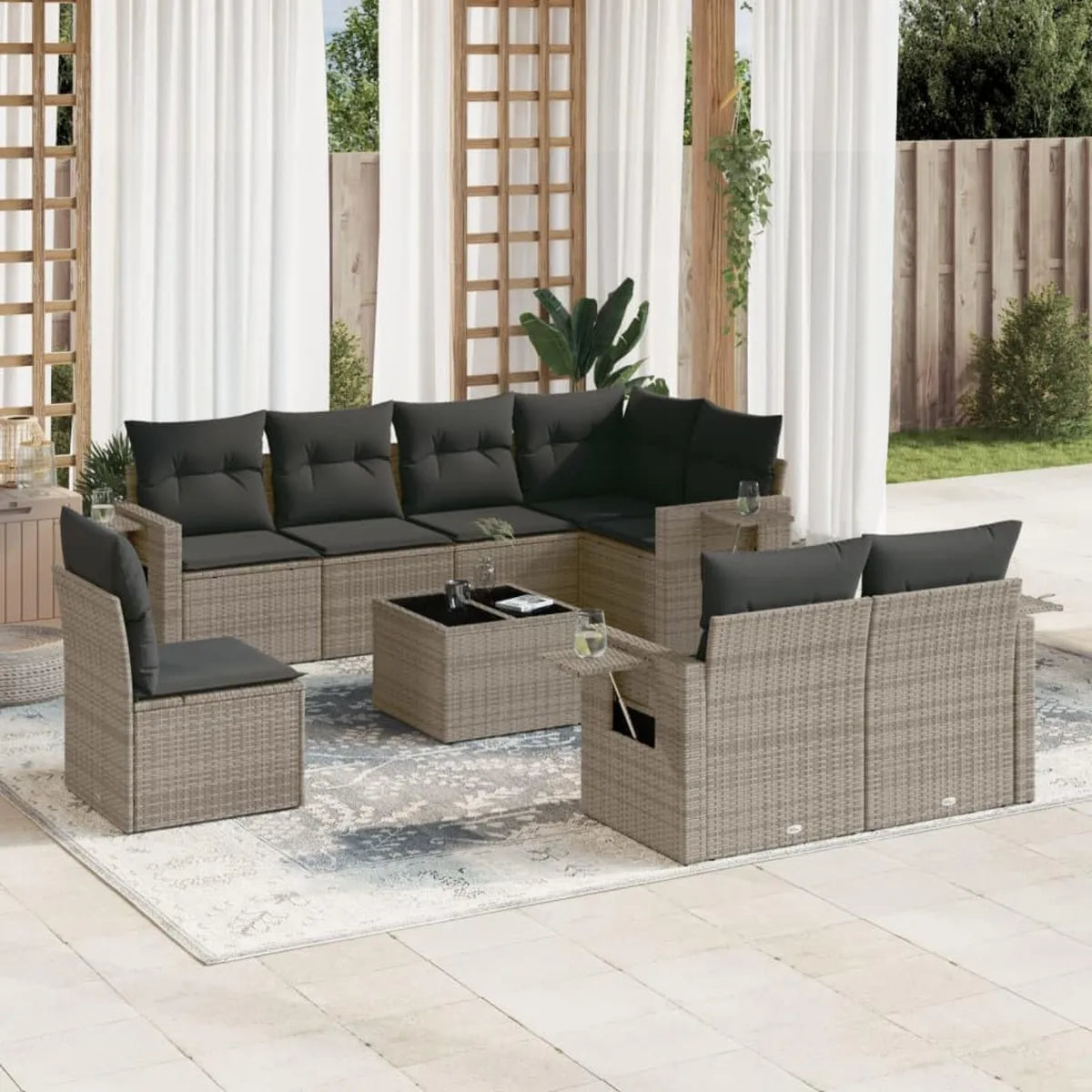Conjunto de Muebles de Jardín 9 Piezas con Cojines, Ratán Sintético Gris