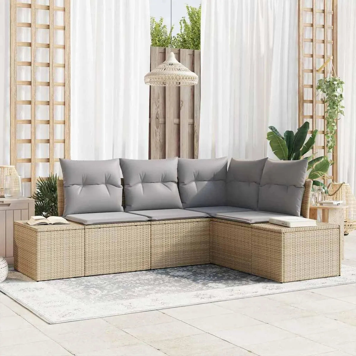 Conjunto de sofás de jardín de ratán sintético beige, modulares y resistentes al clima