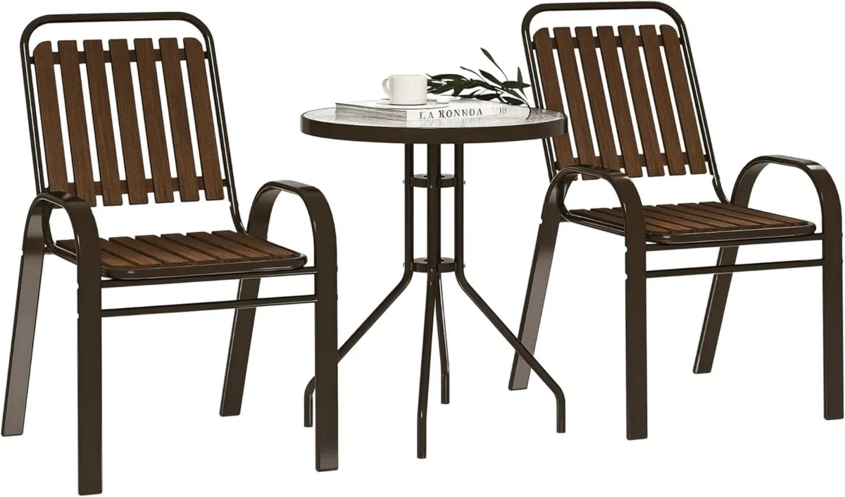 Conjunto de Muebles de Jardín Outsunny 3 Piezas: 2 Sillas Apilables y Mesa de Vidrio Templado para Terraza y Balcón, Marrón Oscuro