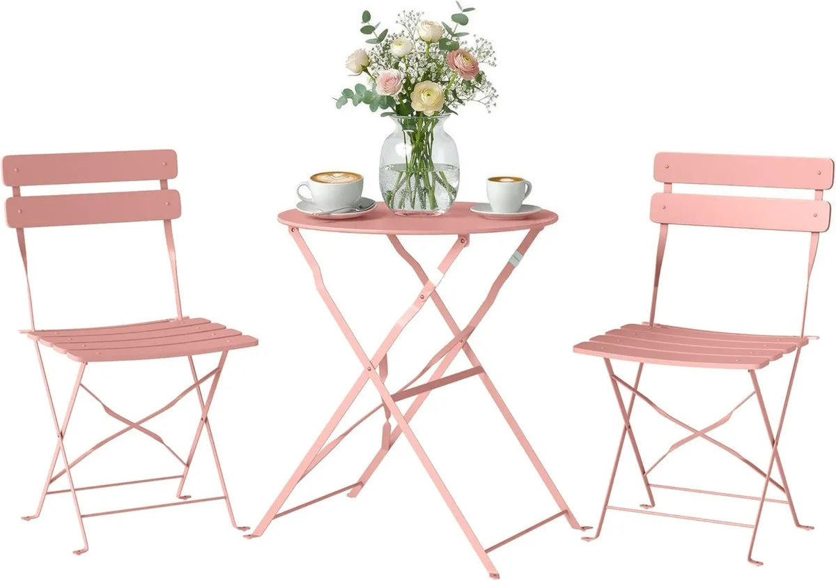 Conjunto de Jardín Outsunny: Mesa y 2 Sillas Plegables de Metal, Antioxidante, Color Rosa