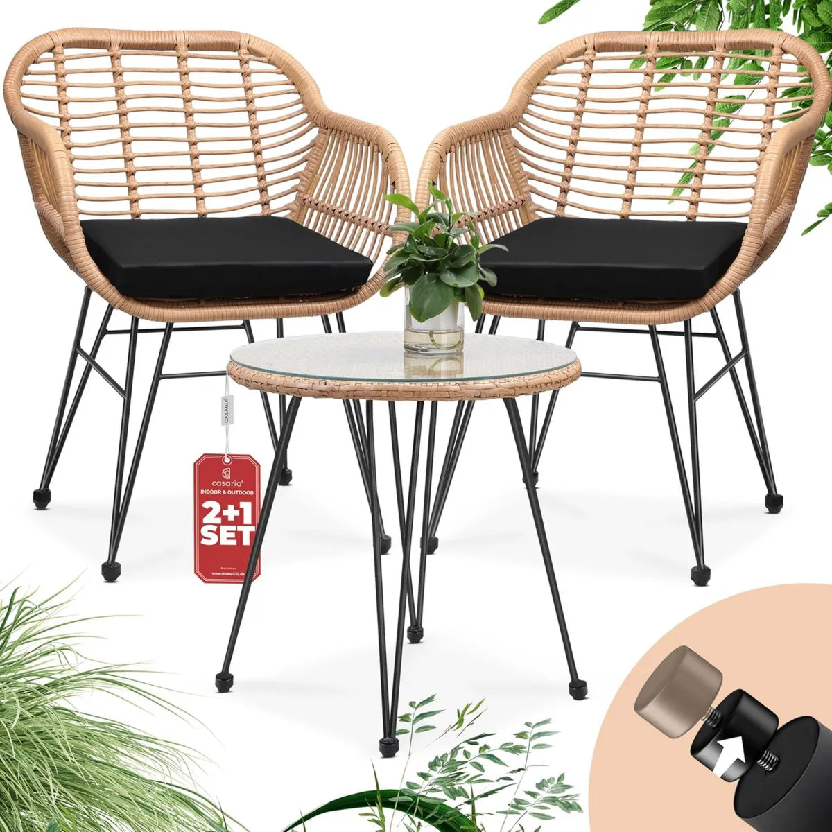 Conjunto de Balcón Bali: Mesa y 2 Sillas de Jardín con Cojines Lavables y Tablero de Vidrio