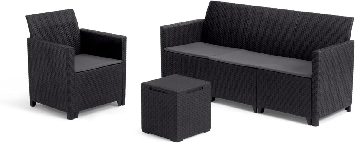 Conjunto de Jardín Keter Nora para 4 Personas con Cojines y Mesa Auxiliar de 35L, Configuración Flexible (2+2 o 3+1), Grafito