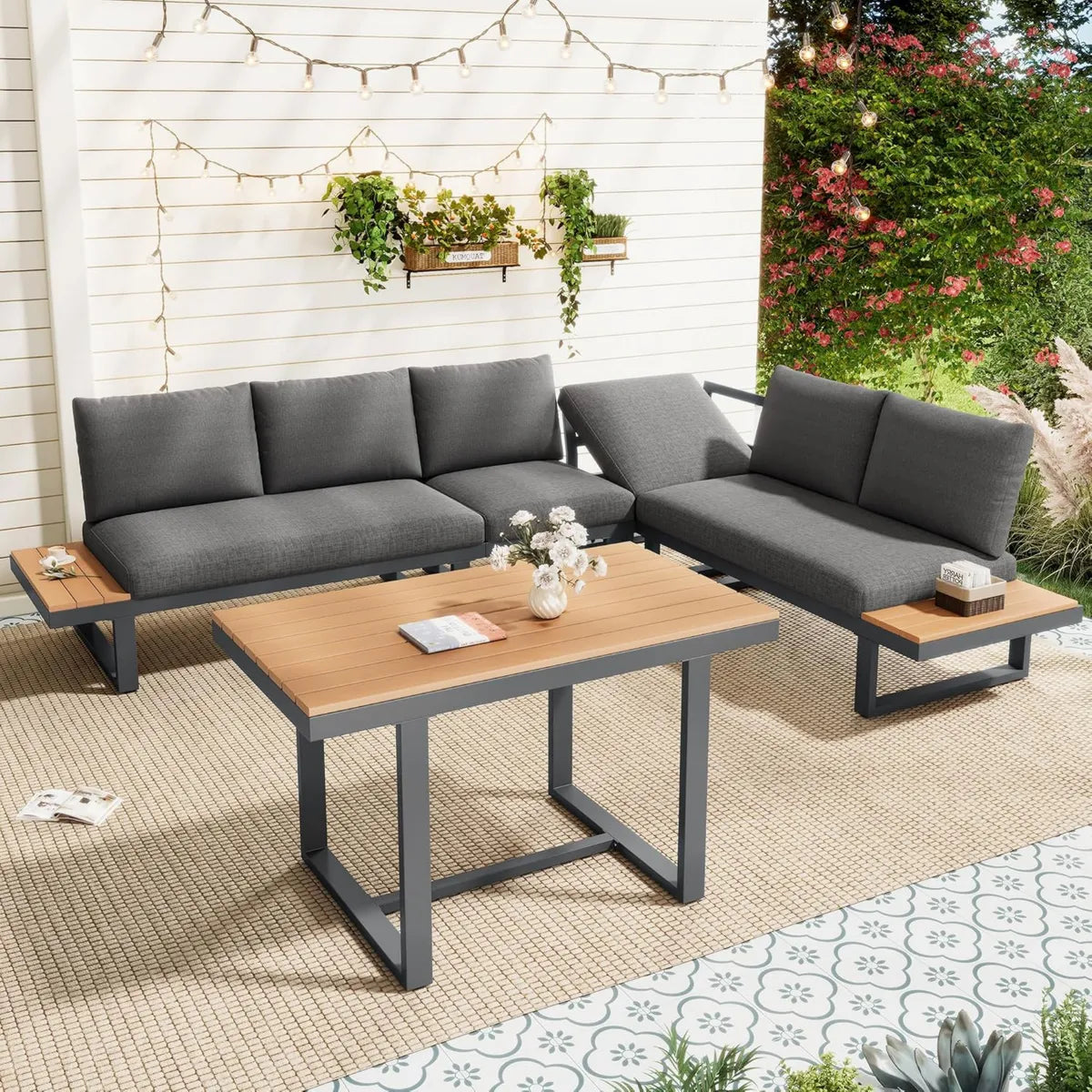 Set de Muebles de Jardín para Terraza de 6 Personas, Incluye Sofá y Mesa de Centro, Cojines y Respaldo, Ideal para Exteriores (Negro y Gris)