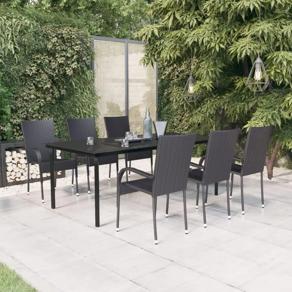 Conjunto de Comedor de Jardín 7 Piezas, Mesa y Sillas para Exterior, Set de Balcón, Color Negro