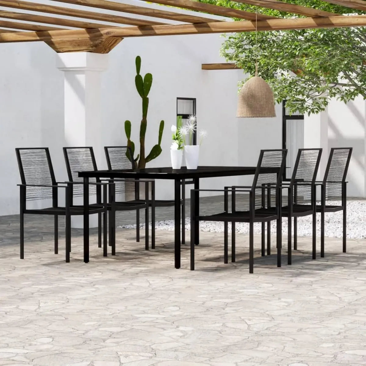 Conjunto de Comedor Exterior 7 Piezas Negro para Jardín y Terraza