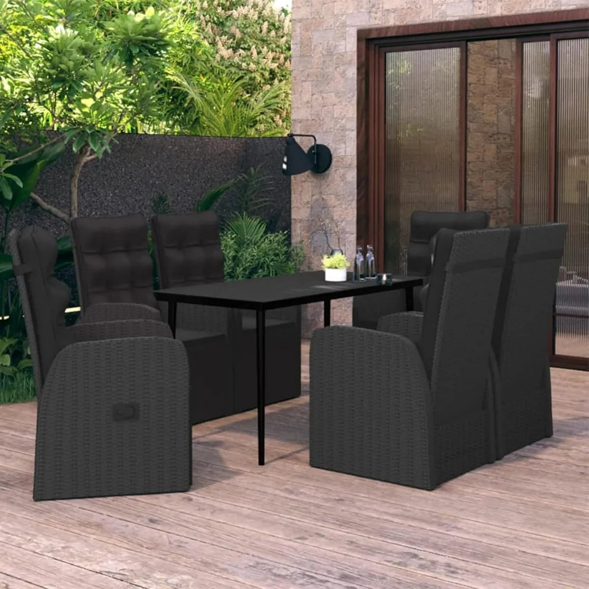 Conjunto de Comedor de Jardín de 7 Piezas con Cojines Negros
