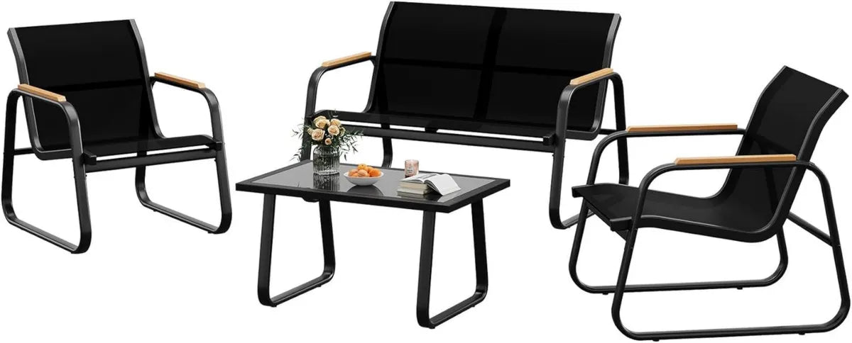 Conjunto de Muebles de Jardín 4 Piezas: Sofá Doble, 2 Sillones y Mesa de Acero Resistente para Exterior