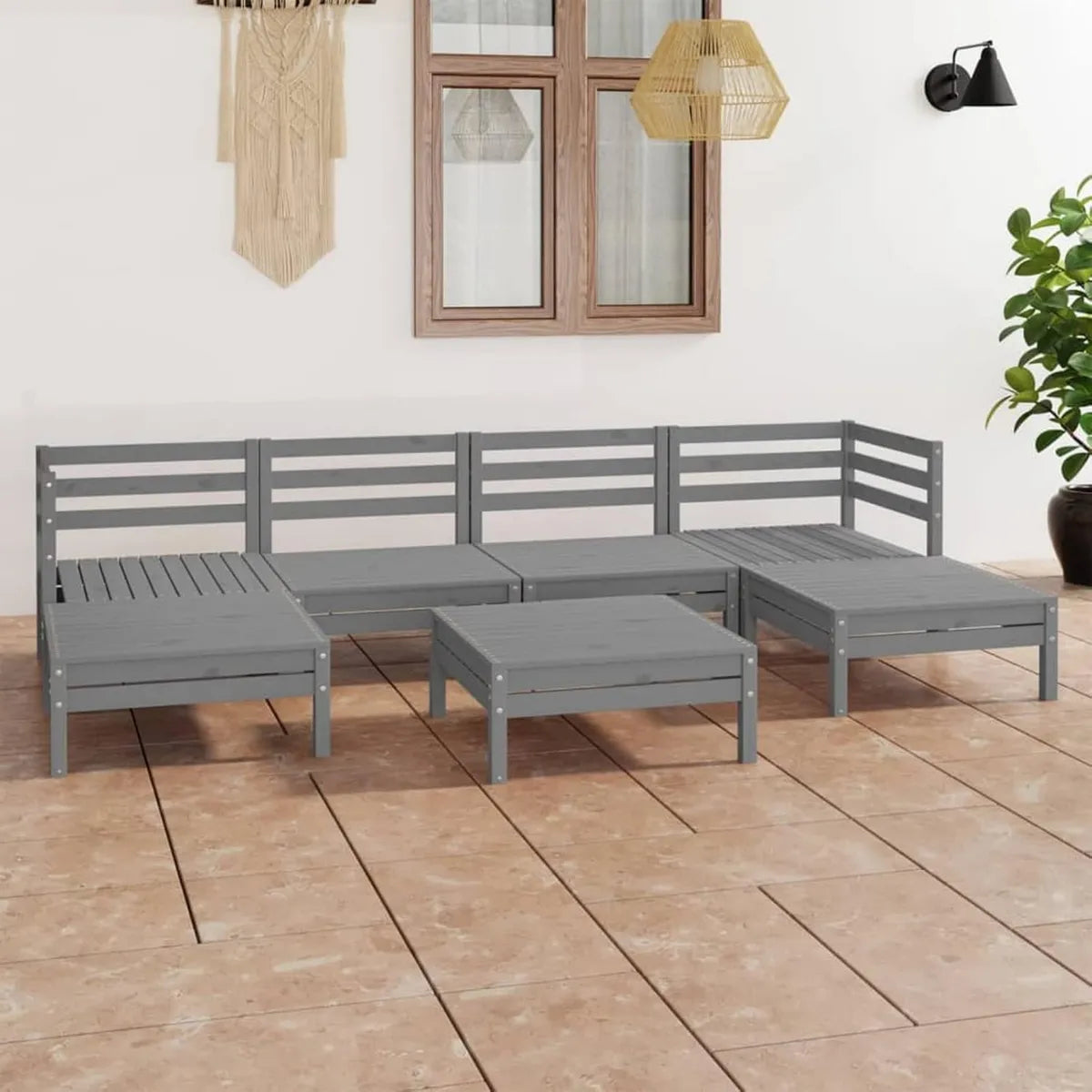 Conjunto de Muebles de Jardín 7 Piezas de Madera de Pino Gris
