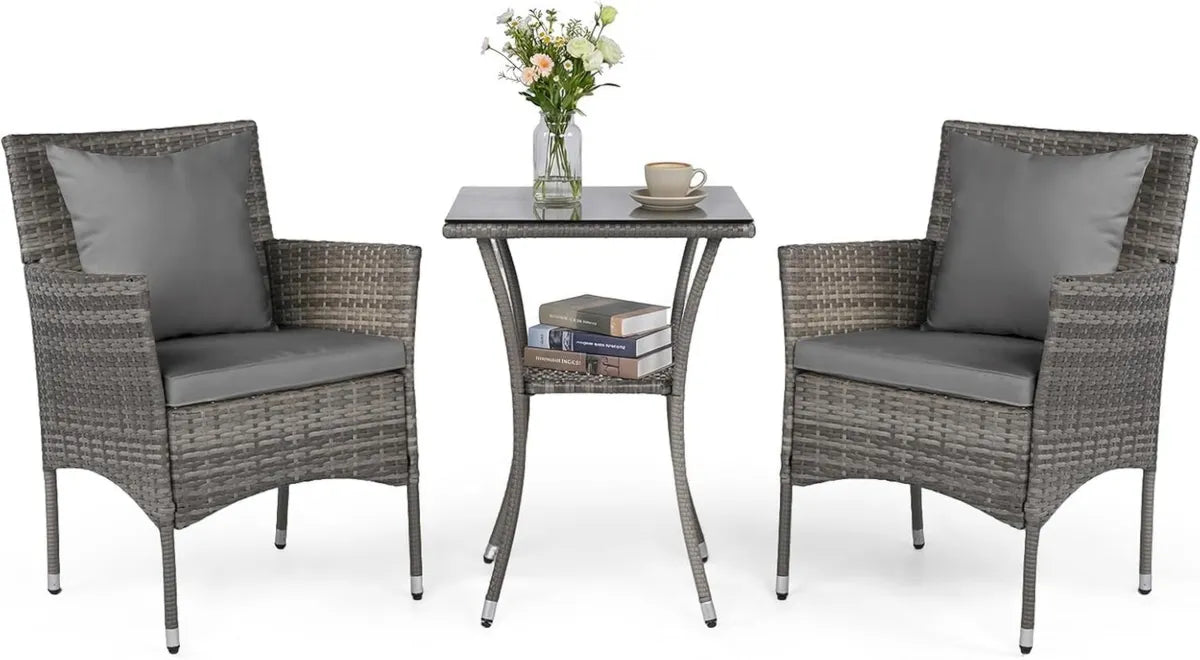 Conjunto de Muebles de Jardín de Ratán de 3 Piezas con Cojines y Mesa de Cristal, Ideal para Terraza y Balcón (Gris)