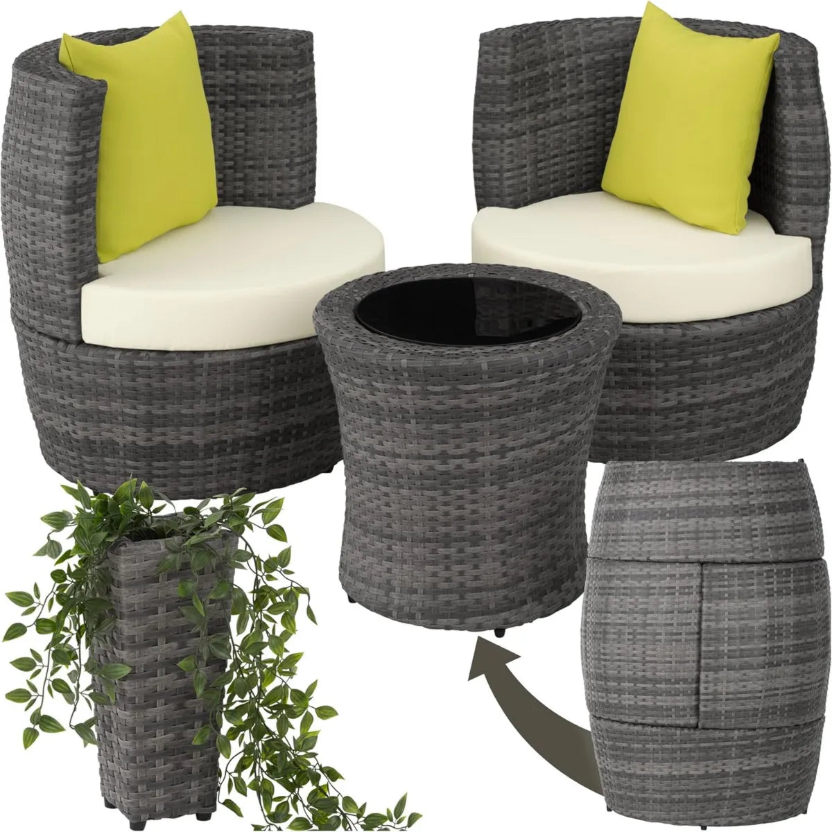 Set de Muebles de Jardín de Ratán y Aluminio Resistente con Mesa de Cristal y Cojines - Gris