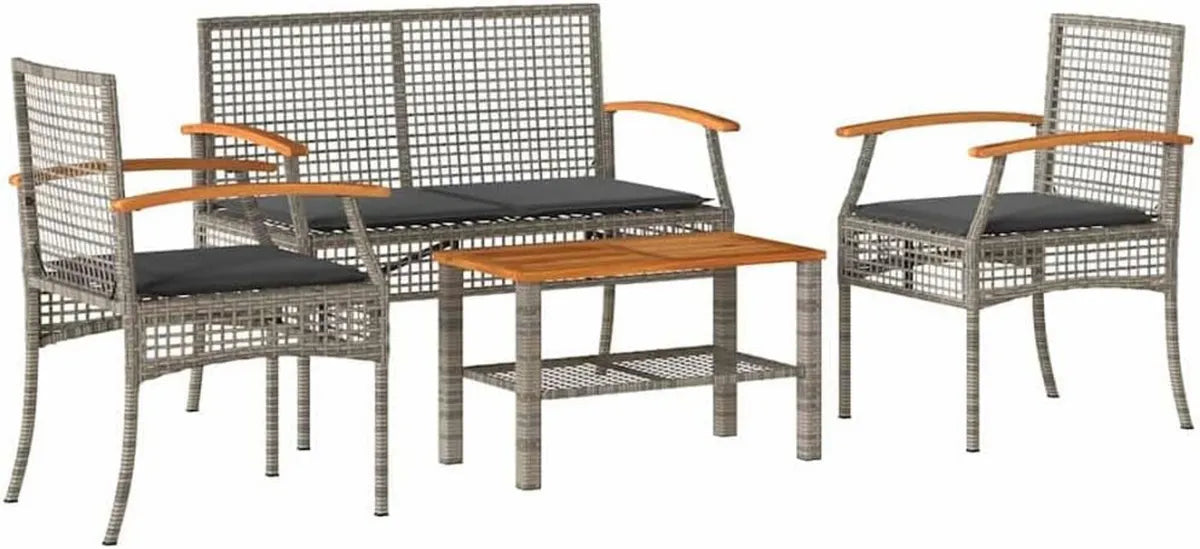 Conjunto de Jardín de 4 Piezas con Cojines, Mesa, Sillas y Banco de Ratán Gris