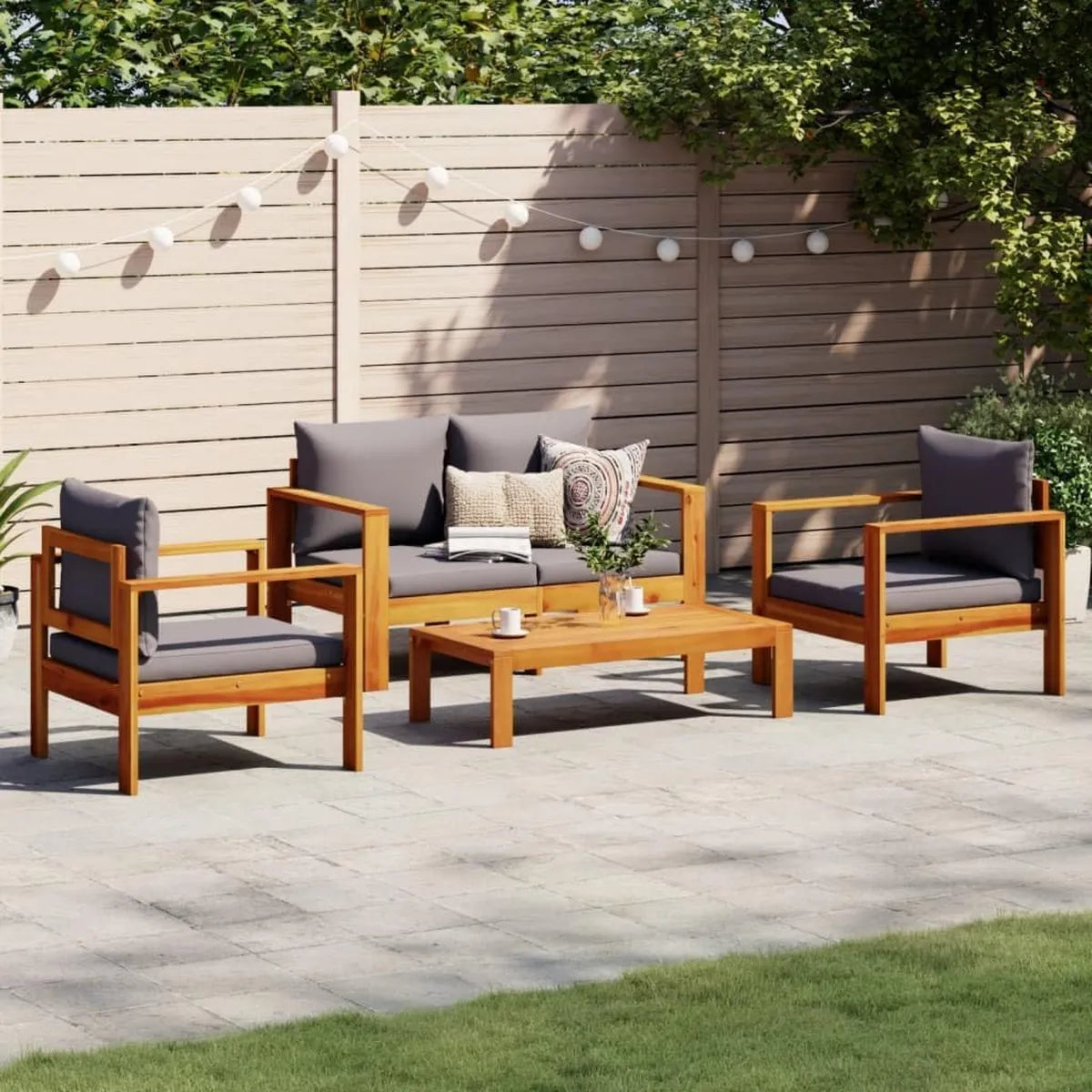 Conjunto de Muebles de Jardín de Acacia, Sofá con Cojines Grises, Resistente a UV para Exteriores, 4 Piezas