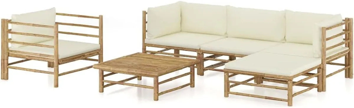 Conjunto de 6 Piezas de Muebles de Jardín con Cojines Crema de Bambú
