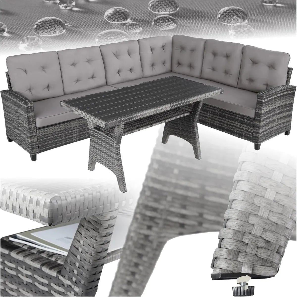 Set de Jardín Modular de Ratán con Cojines, Resistente al Clima, 2 Sofás + Esquinero + Mesa - Gris