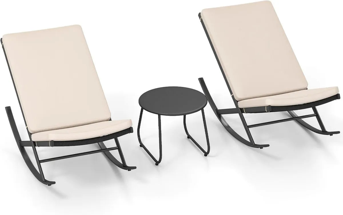 Conjunto de Jardín LIFEZEAL: Mesa Redonda y 2 Sillas Mecedoras de Ratán y Metal