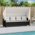 Sofá de Ratán para Exterior con Toldo, 3 Plazas, Resistente al Clima, Negro y Blanco Crema
