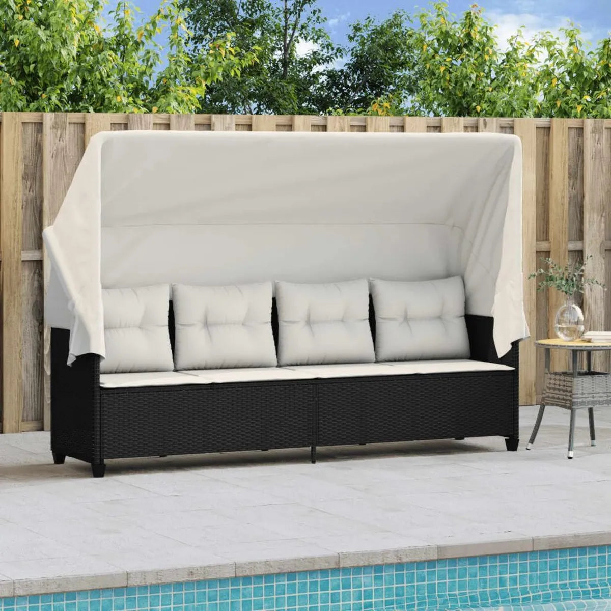 Sofá de Ratán para Exterior con Toldo, 3 Plazas, Resistente al Clima, Negro y Blanco Crema
