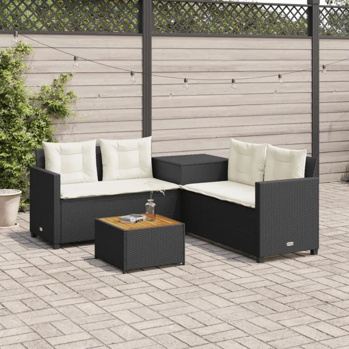 Conjunto de Sofá de Jardín de Ratán IKAYAA, Resistente a la Intemperie, Incluye Mesa y Caja, Color Negro y Crema