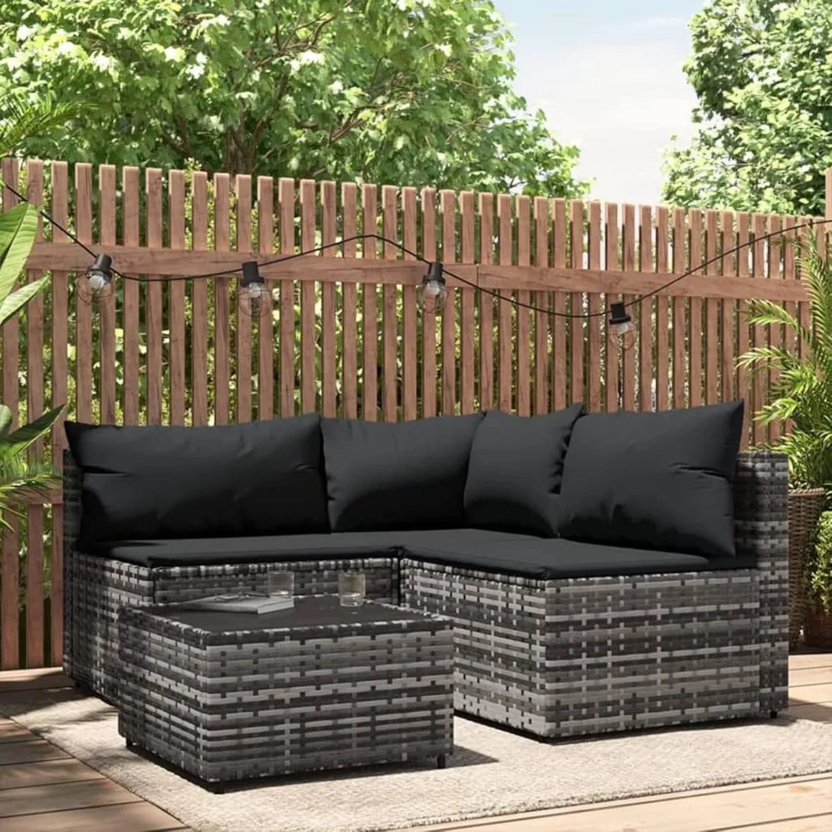 Conjunto de Sofás de Jardín en Ratán Gris, Resistente a la Intemperie, con Cojines para Exterior, 4 Piezas