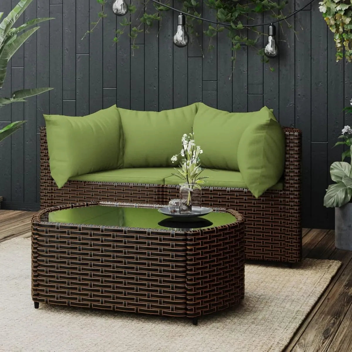 Conjunto de Muebles de Jardín de Ratán con Cojines, Sofá Exterior Resistente al Clima, 3 Piezas, Marrón y Verde