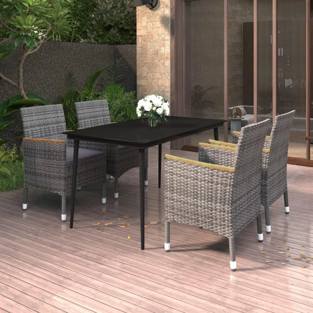 Conjunto de Muebles de Ratán para Jardín, Resistente al Clima, 4 Personas, Mesa con Cristal y 4 Sillas, 5 Piezas, Gris Tipo 3