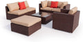 Set de Jardín de 7 Piezas Karl, Sofá Modular de Ratán PE, Estructura Metálica, Cojines Gruesos y Mesa con Vidrio Templado, Color Marrón