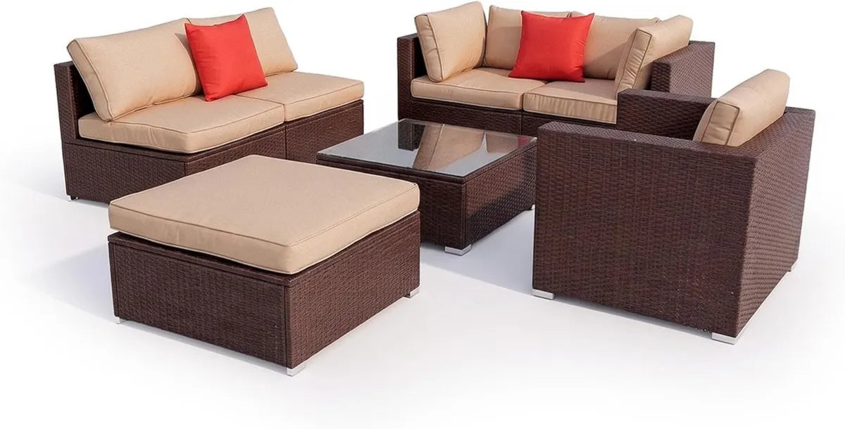 Set de Jardín de 7 Piezas Karl, Sofá Modular de Ratán PE, Estructura Metálica, Cojines Gruesos y Mesa con Vidrio Templado, Color Marrón