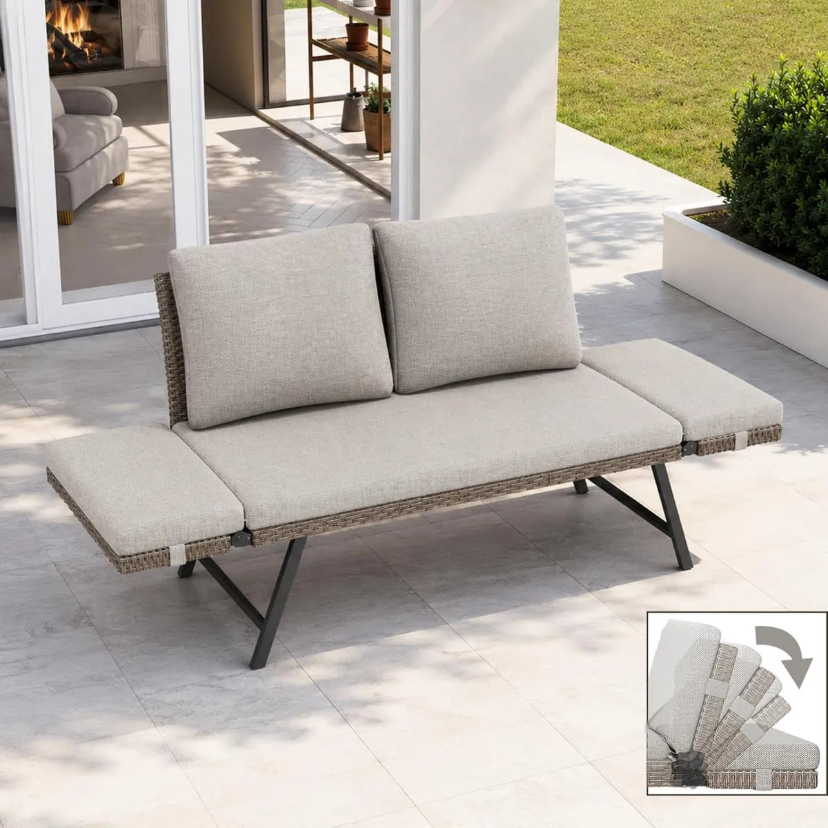 Sofá de Jardín de Ratán, 2 Plazas Convertibles con Reposabrazos Ajustables y Cojines Gruesos, Ideal para Terraza y Balcón, Beige