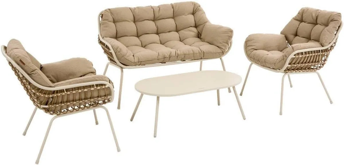 Set de Jardín Paopao Beige Arcilla, 4 Plazas, Anticorrosión, Cojines Cómodos, 2 Sillones, Sofá y Mesa Baja