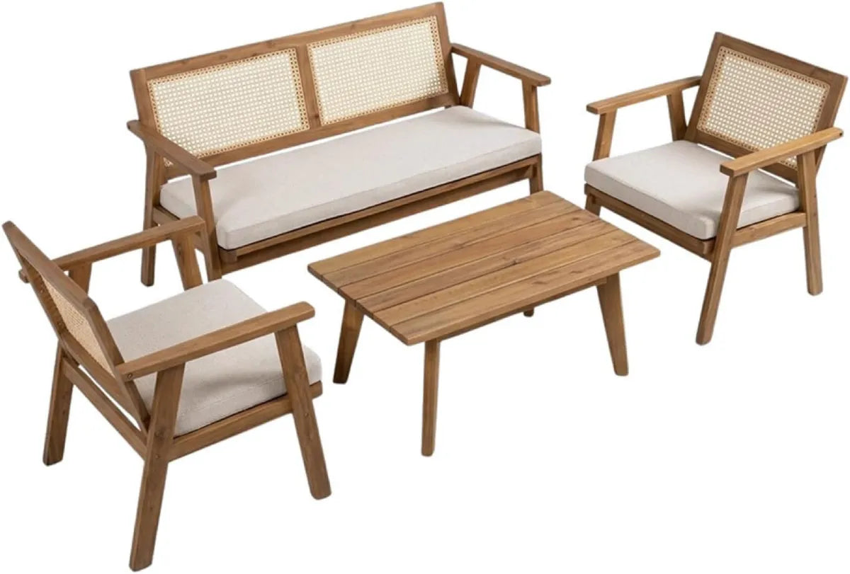 Juego de Muebles de Jardín Hanoi de 4 Plazas en Madera | Conjunto Exterior para Terraza y Piscina | Diseño Resistente al Sol y Clima